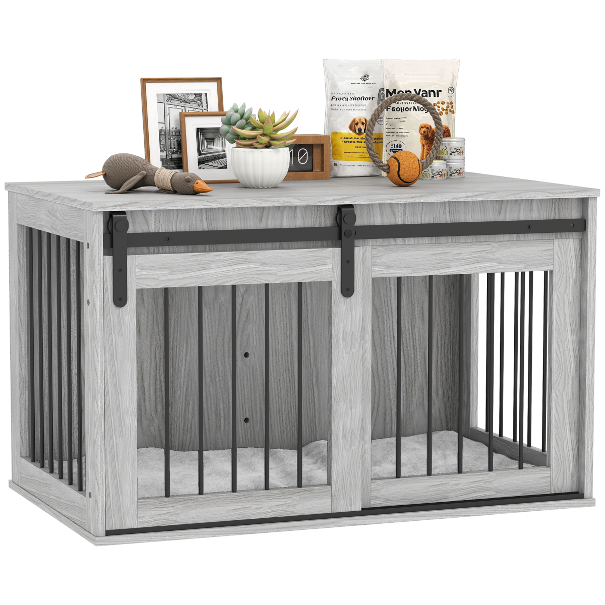 PawHut Grey Dog Crate Furniture with Cushion, Side Table for Large Dogs