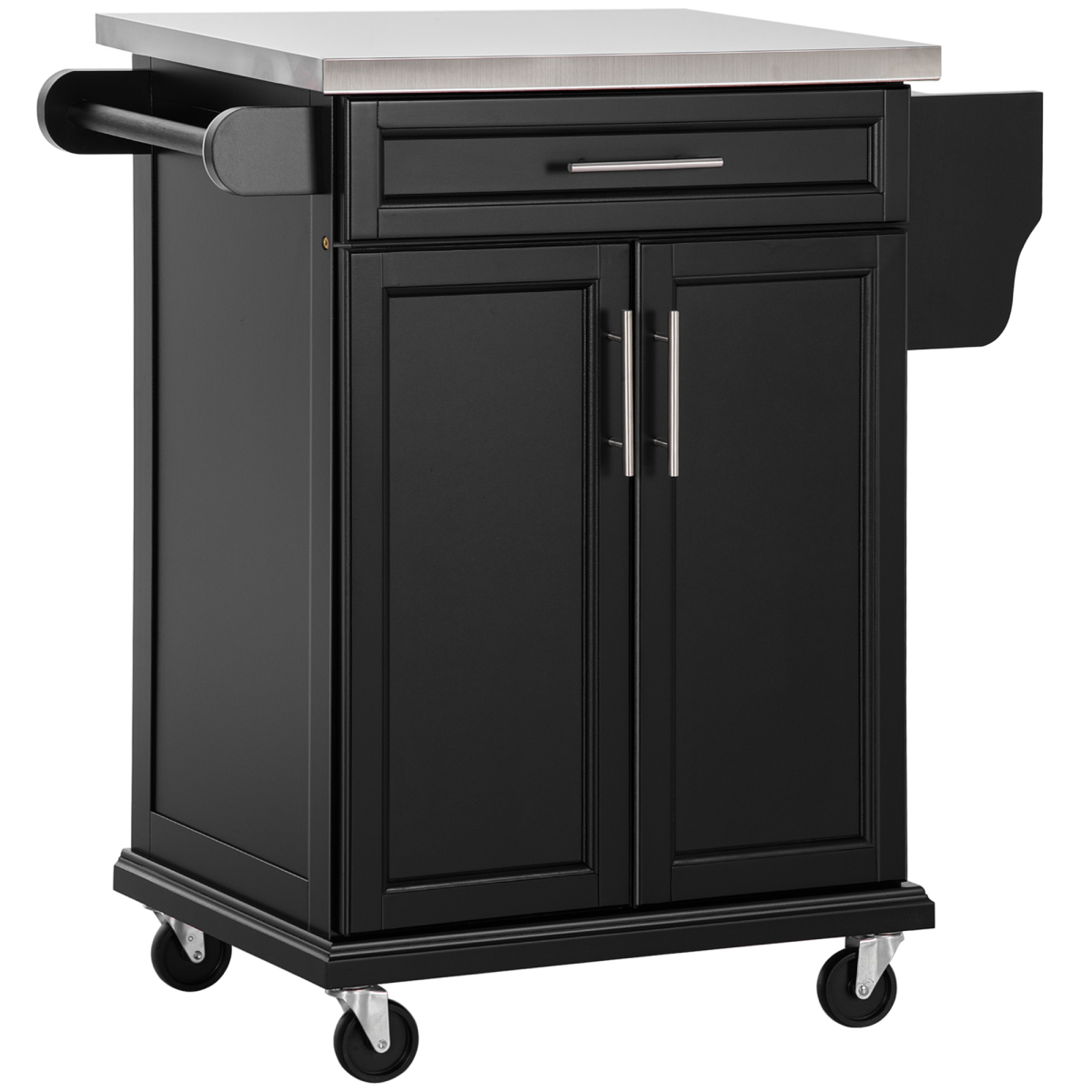 Rolling Kitchen Cart Storage Trolley with Drawer, Towel Rail, Stainless Steel Worktop, Lockable Wheels, Black