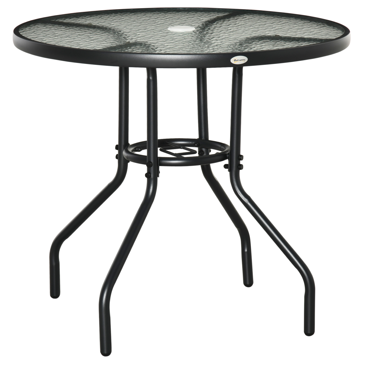 Outdoor Round Dining Table, Tempered Glass Top, Steel Frame, Parasol Hole, 80cm