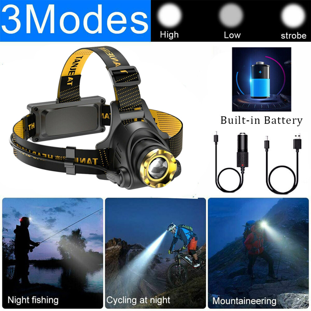 USB Rechargeable LED Headlamp with 3 Modes, Zoom, Car Charger and USB Cable