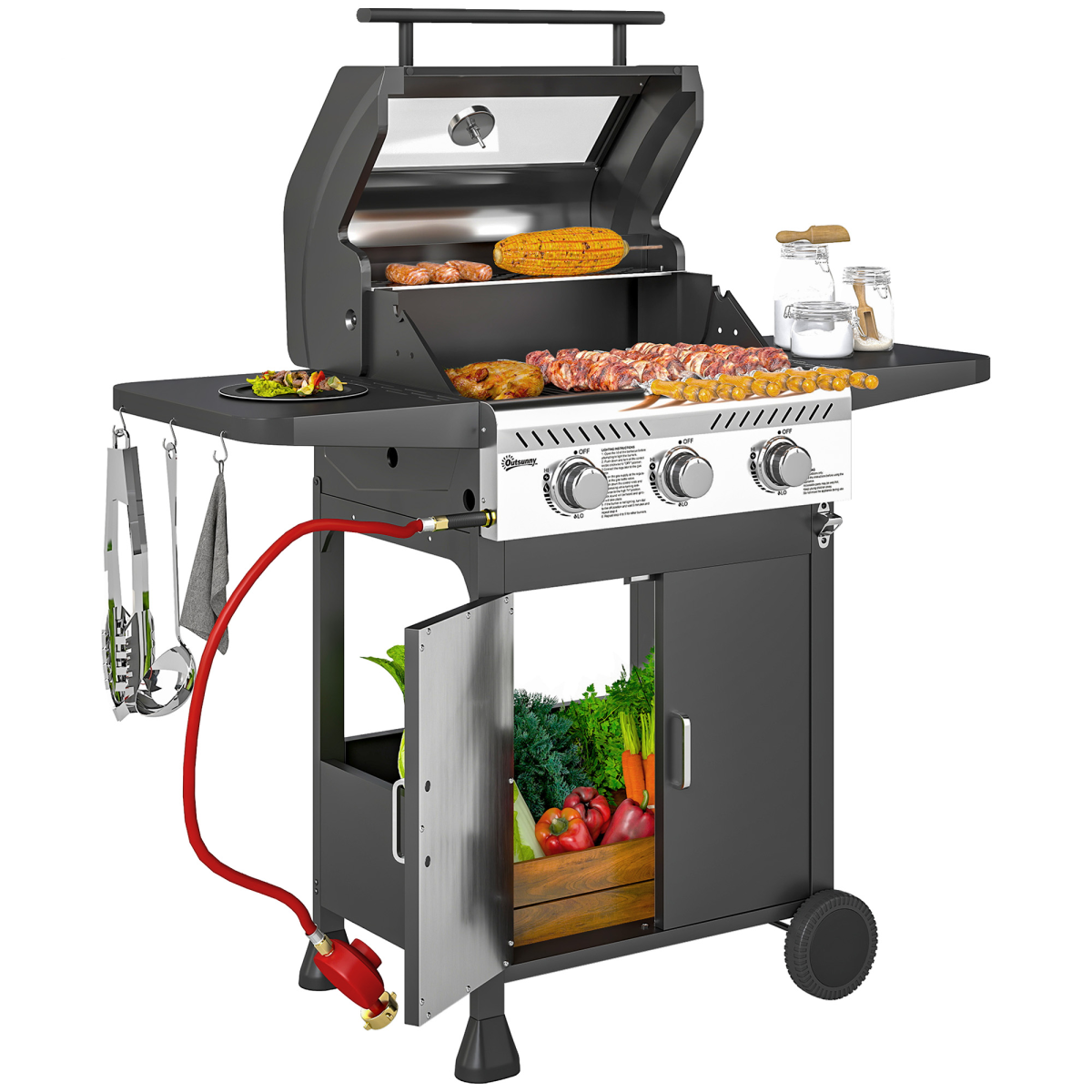 Outsunny 3-Burner Propane Gas BBQ Grill with See-Through Lid & Thermometer