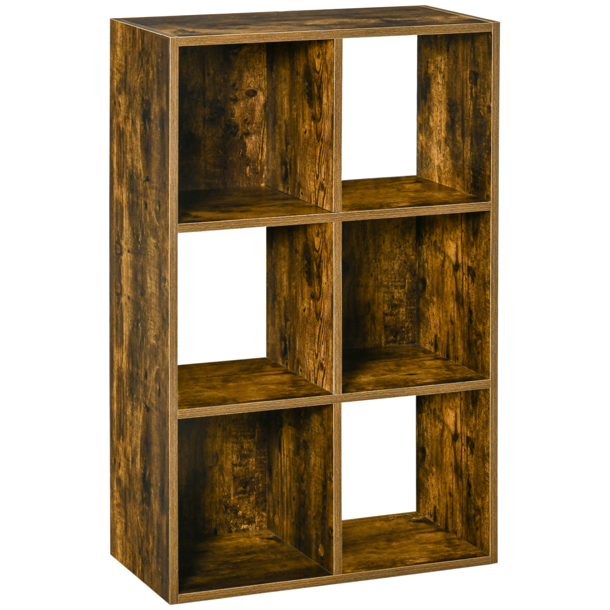 HOMCOM Industrial Style Rustic Brown 3-Tier Storage Shelf Bookcase with 6 Open Compartments