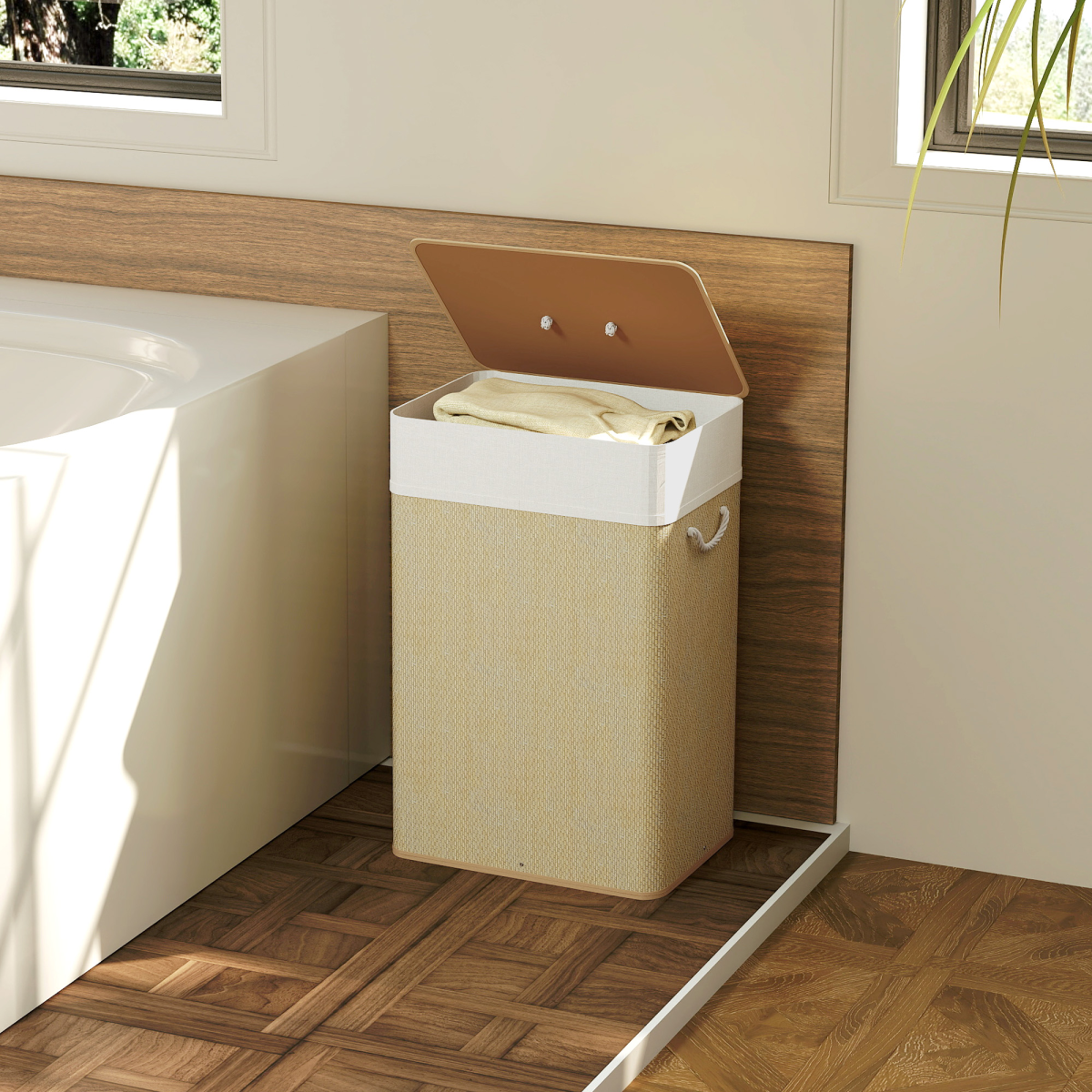 Bamboo Laundry Hamper Cabinet, 72L, Removable Lid, Nature Wood Finish