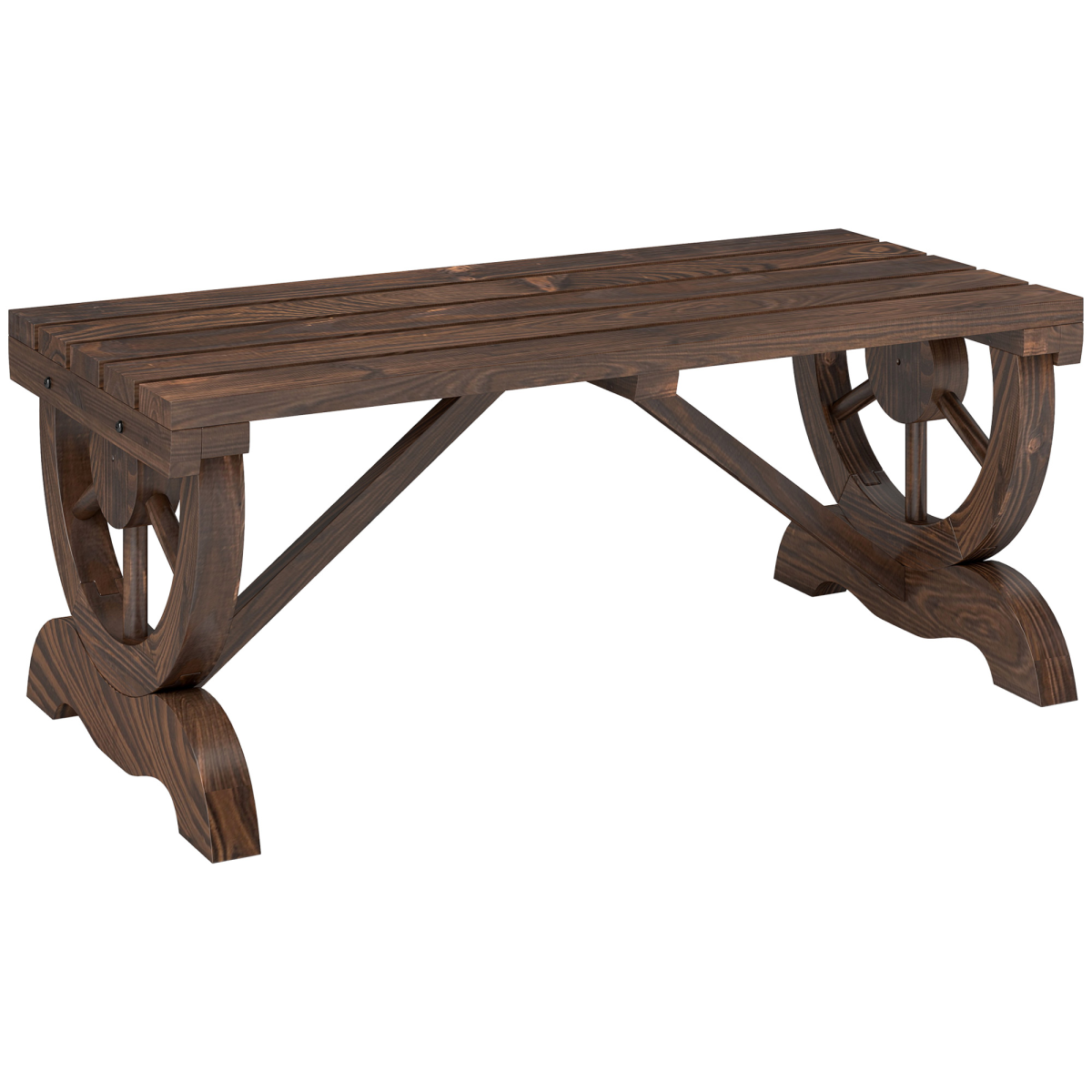 Outsunny Rustic Wooden Wagon Wheel 2-Person Wooden Bench, Brown Outdoor Loveseat Chair