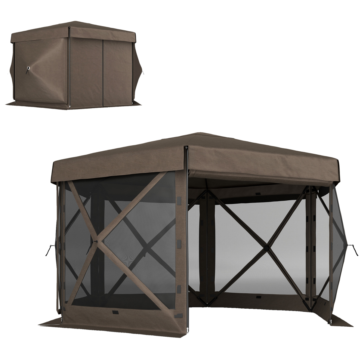 Outsunny 3 x 3m Hexagon Pop-Up Gazebo with Netting, Brown