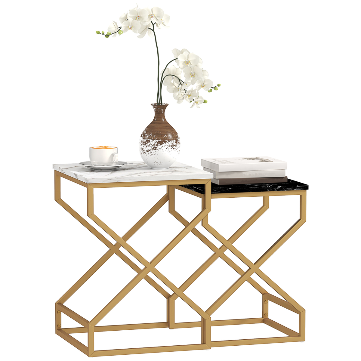 HOMCOM Nesting Coffee Tables Set, Marble-Effect Tops, Steel Frame, Black/White/Gold