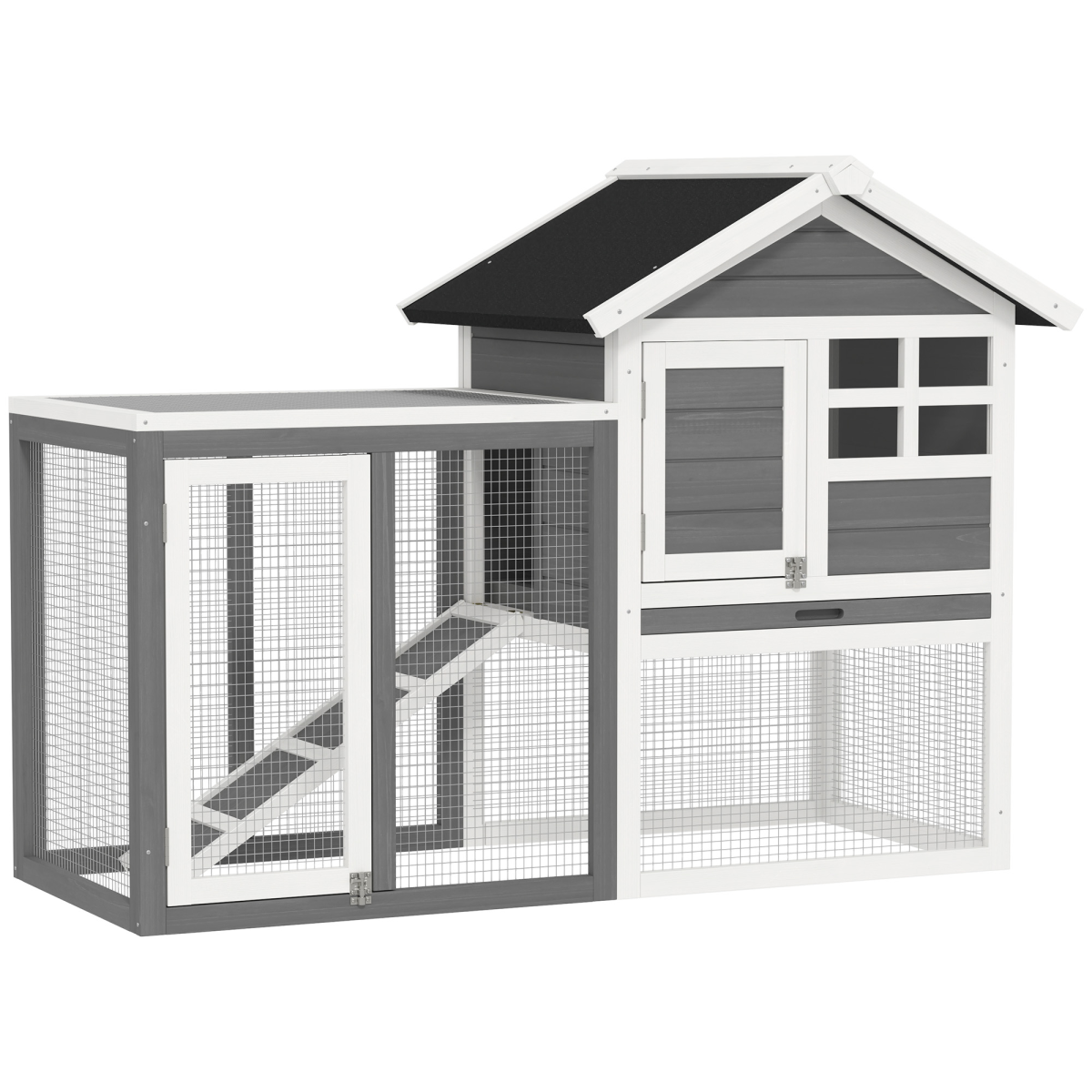122cm Wooden Rabbit Hutch with Outdoor Run, Ladder and Pull-Out Tray