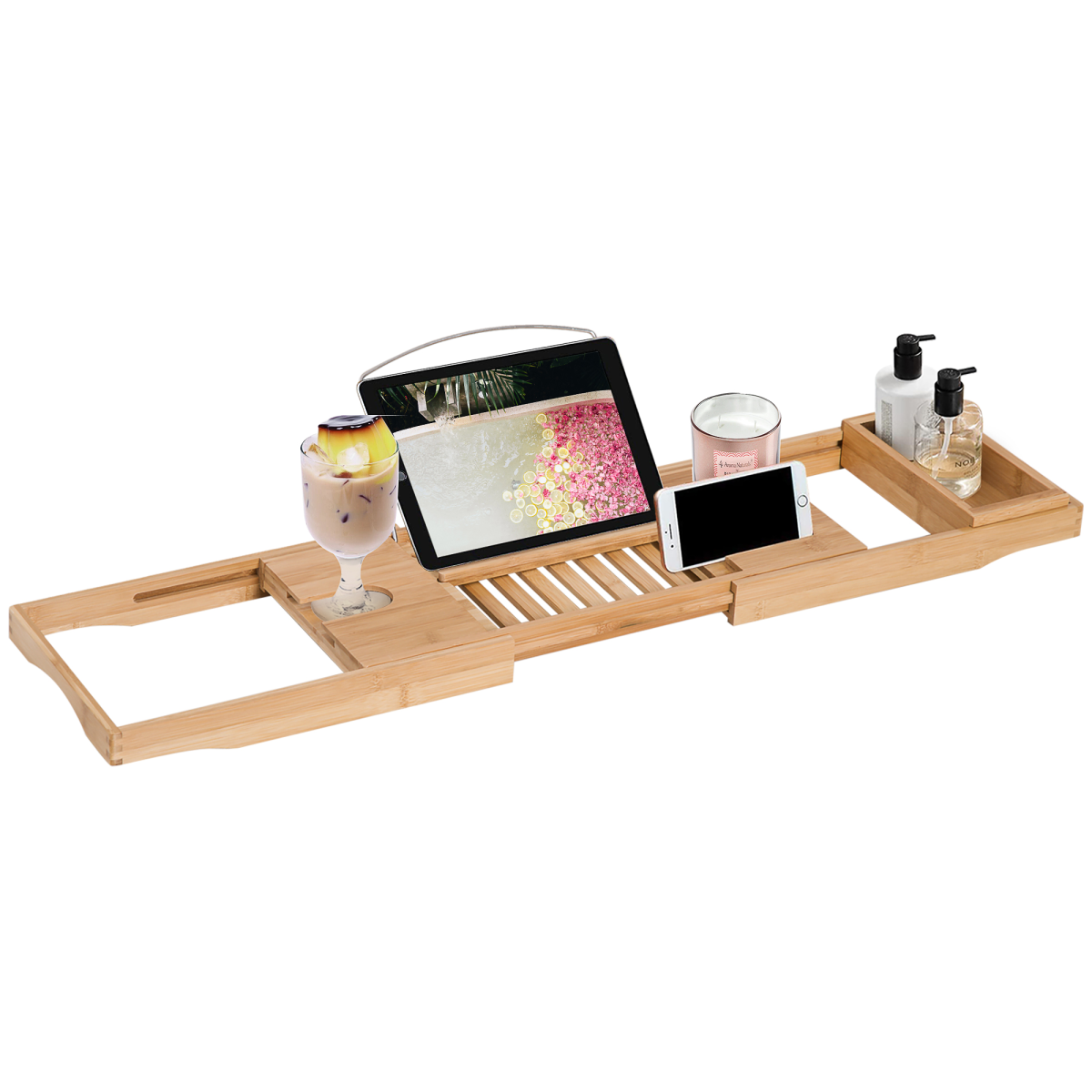 Extendable Bamboo Bath Tub Tray Caddy with Book Tablet Stand, Wine Glass Holder, Phone Tray and Detachable Accessory Tray, Fits Most Standard Bathtubs