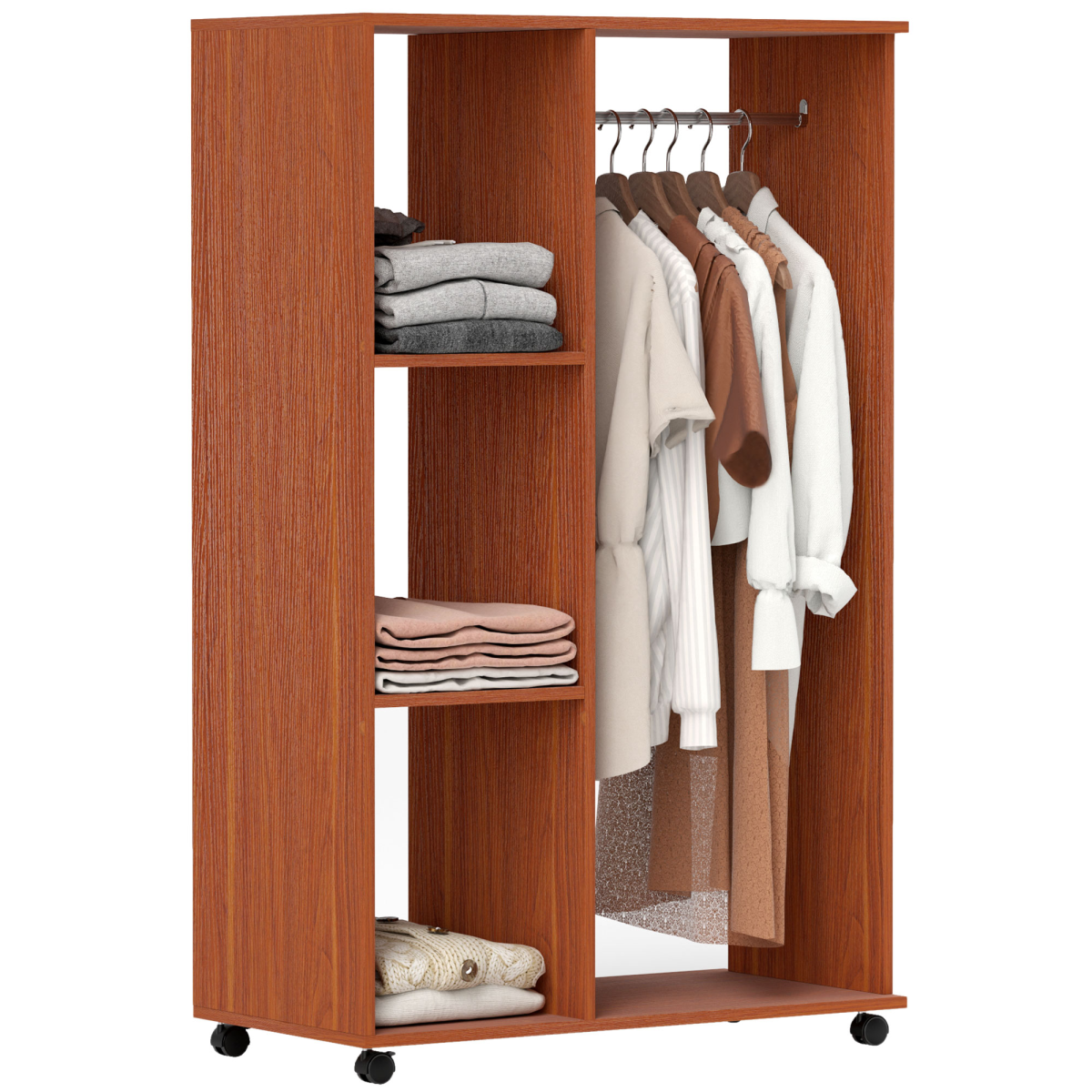 HOMCOM Walnut Open Wardrobe with Hanging Rail, Shelves, Cubbies and Wheels
