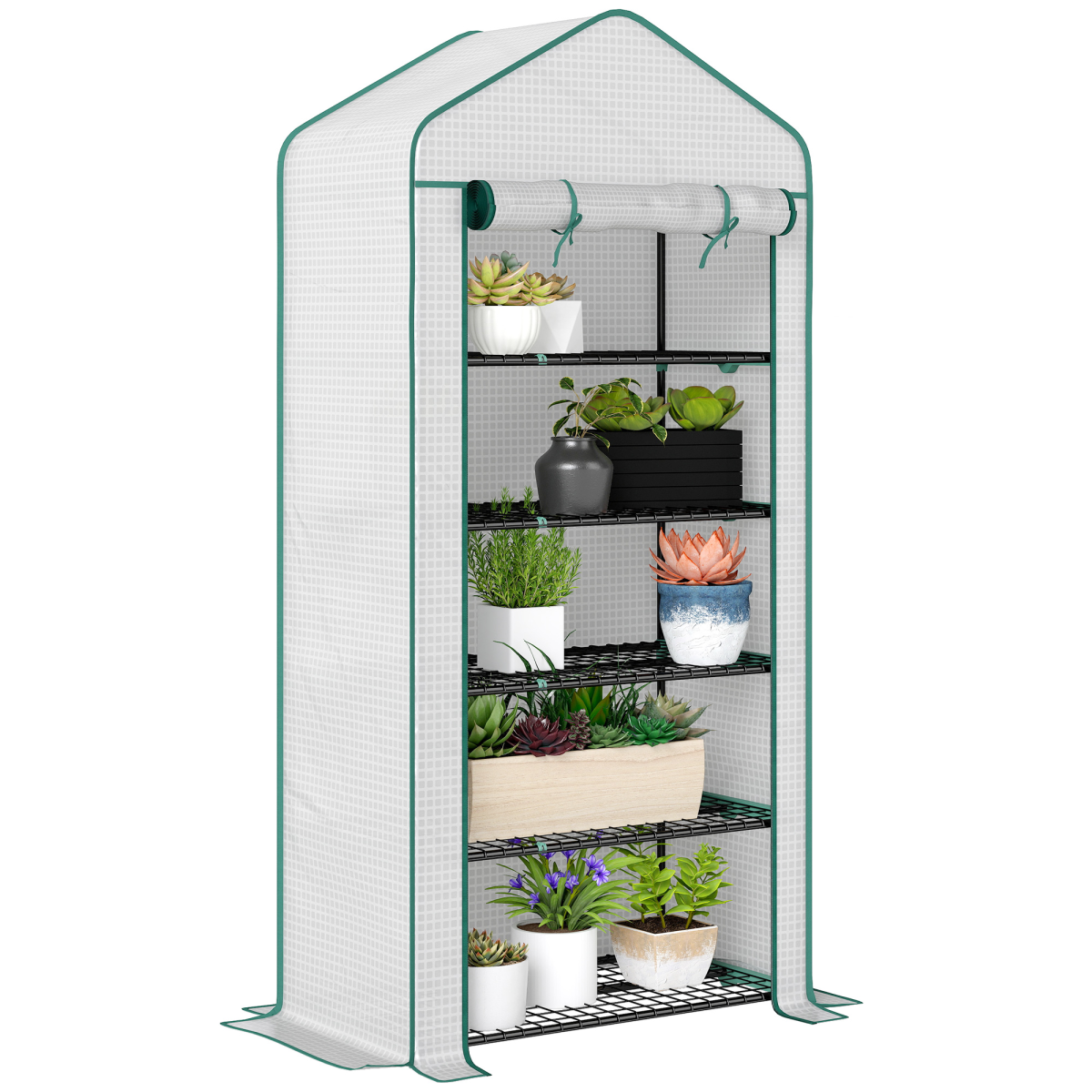 Outsunny 5-Tier Mini Greenhouse with Wide Roll-Up Door, White, 90 x 49 x 193 cm