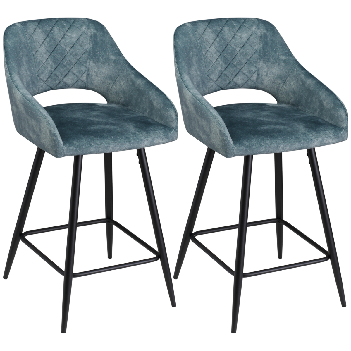 Set of 2 Blue Velvet-Feel Counter Height Bar Stools with Armrests