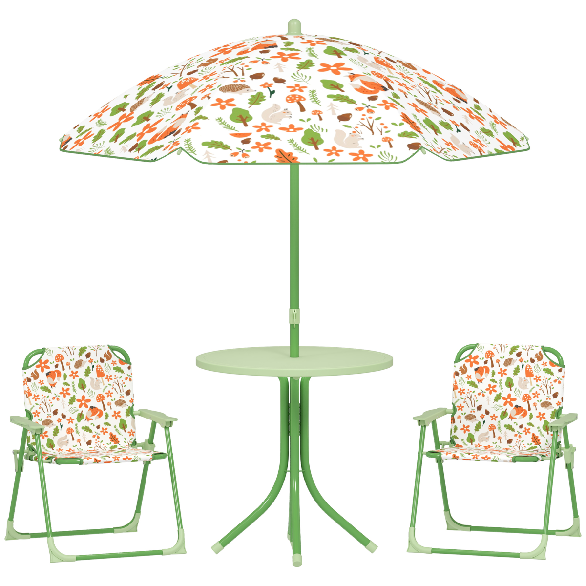 AIYAPLAY Kids 4-Piece Outdoor Furniture Set, Cute Fox Design, Adjustable Parasol, Green