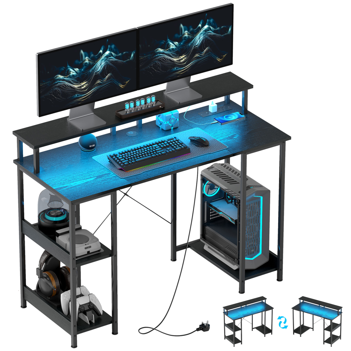 HOMCOM Reversible Computer Desk with Storage, Charging Station and RGB LED Light, Black