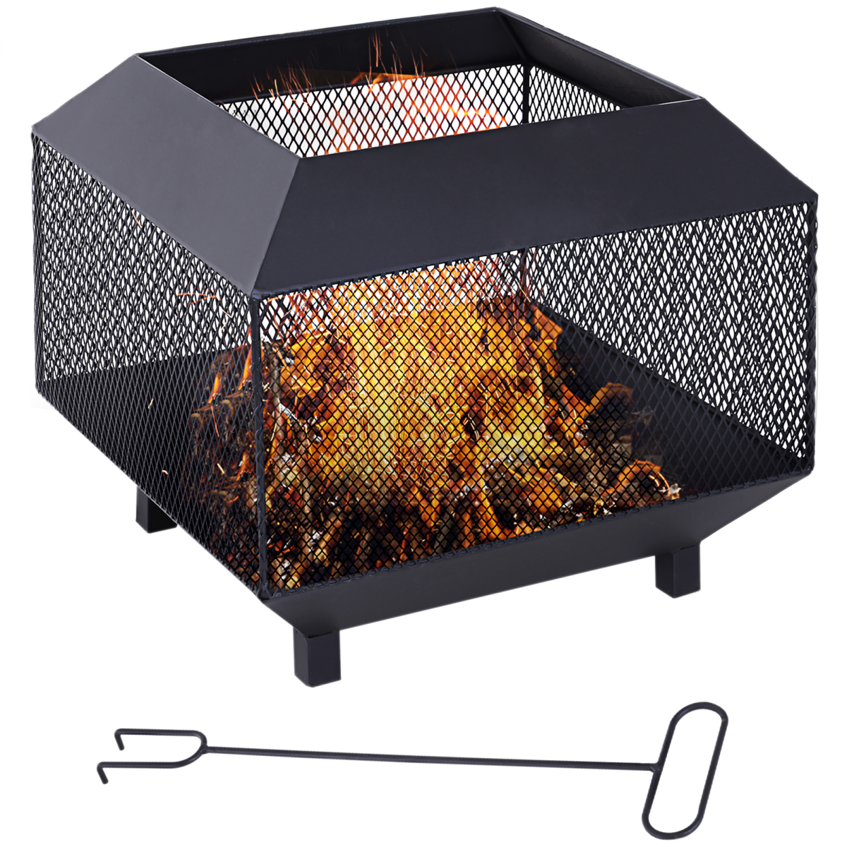 HOMCOM Square Steel Fire Pit with Poker, Black