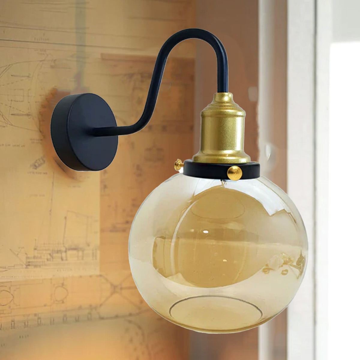 Amber Glass Globe Wall Light with Metal Base, Modern Wall Sconce