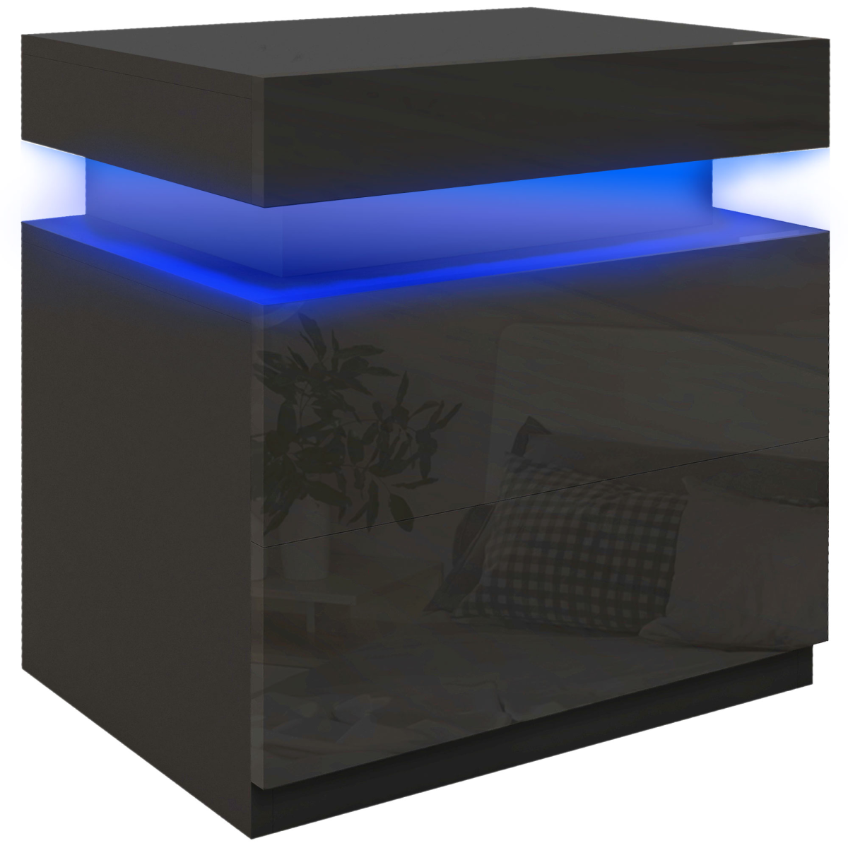 HOMCOM High Gloss LED Bedside Table with 2 Drawers, Black