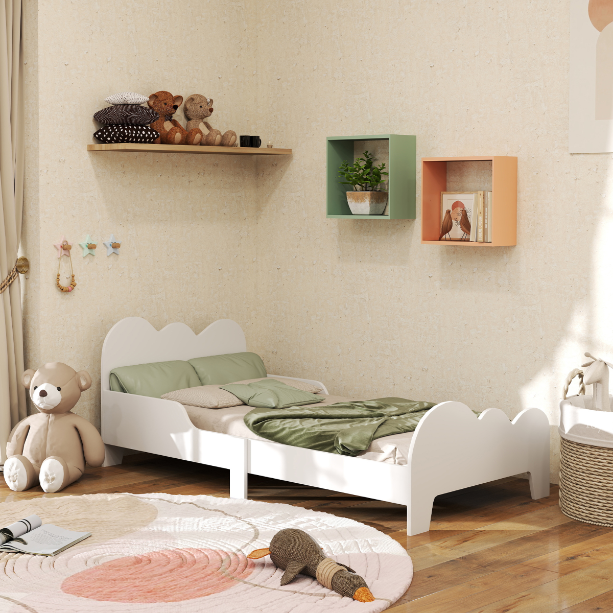 AIYAPLAY Cloud Toddler Bed with Safety Rails, White