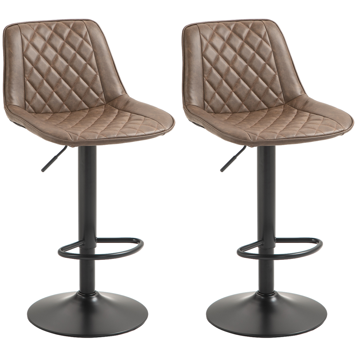 HOMCOM Set of 2 Adjustable Swivel Bar Stools, Brown Faux Leather Kitchen Chairs