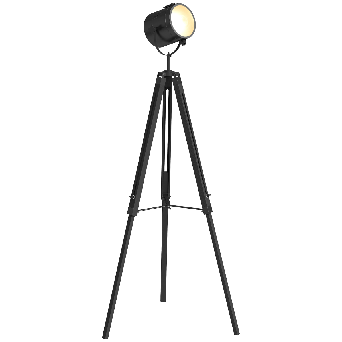 HOMCOM Industrial Adjustable Tripod Floor Lamp with Wood Base, Black