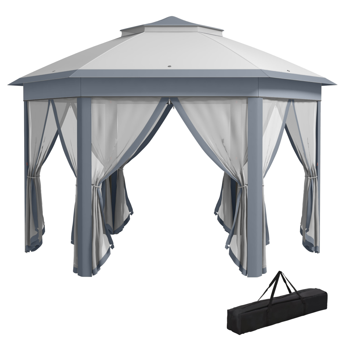 Outsunny Hexagon Pop Up Gazebo with Double Roof and Mesh Curtains, 4m x 4m, Grey
