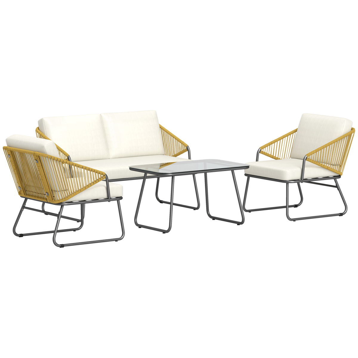 Outsunny 4 Piece Rattan Garden Furniture Set with Cushions and Coffee Table, Natural Wood Finish Cream White