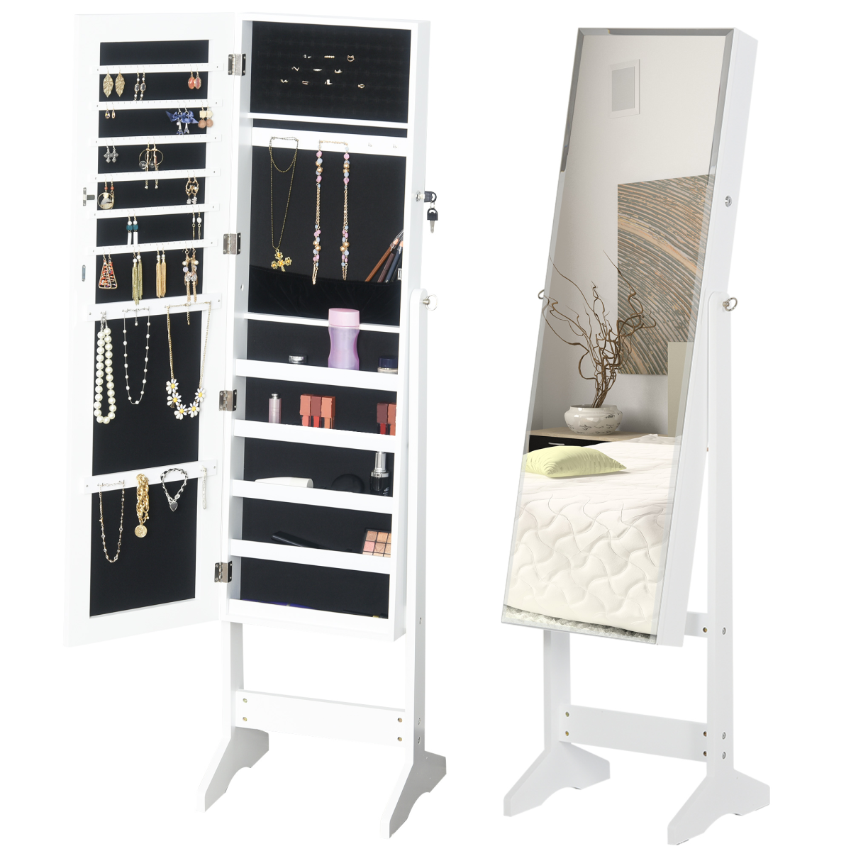 HOMCOM White Freestanding Full Length Mirror Jewellery Cabinet with Lock and Storage