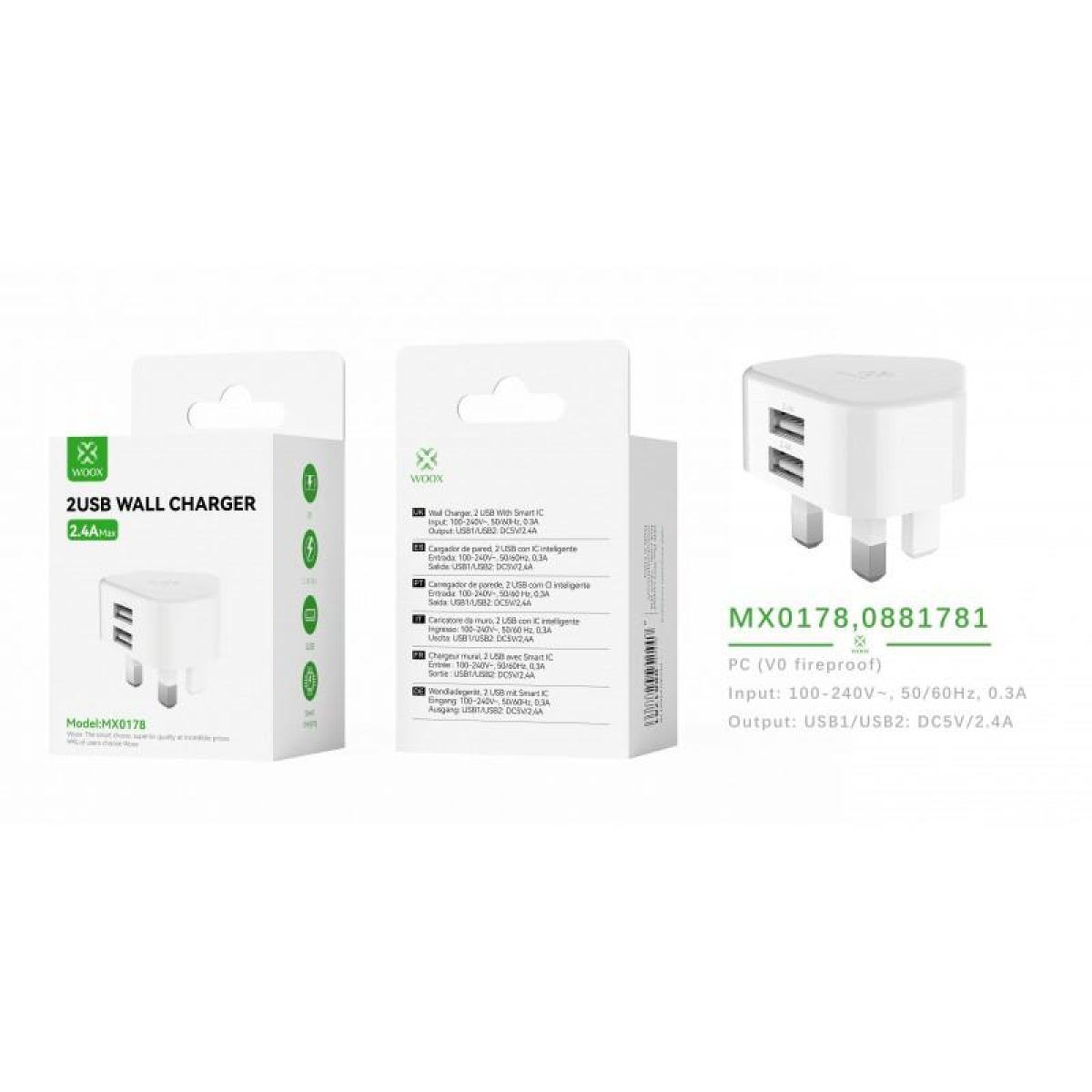 Woox UK Dual USB 2.4A Wall Charger, White