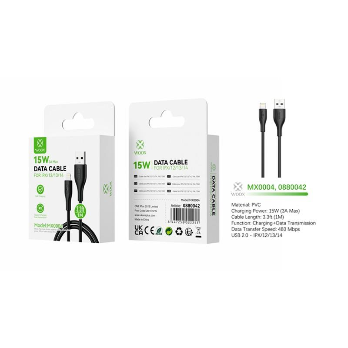 Woox USB to Lightning PVC Data Cable, 15W, 3.3ft (1m), Black