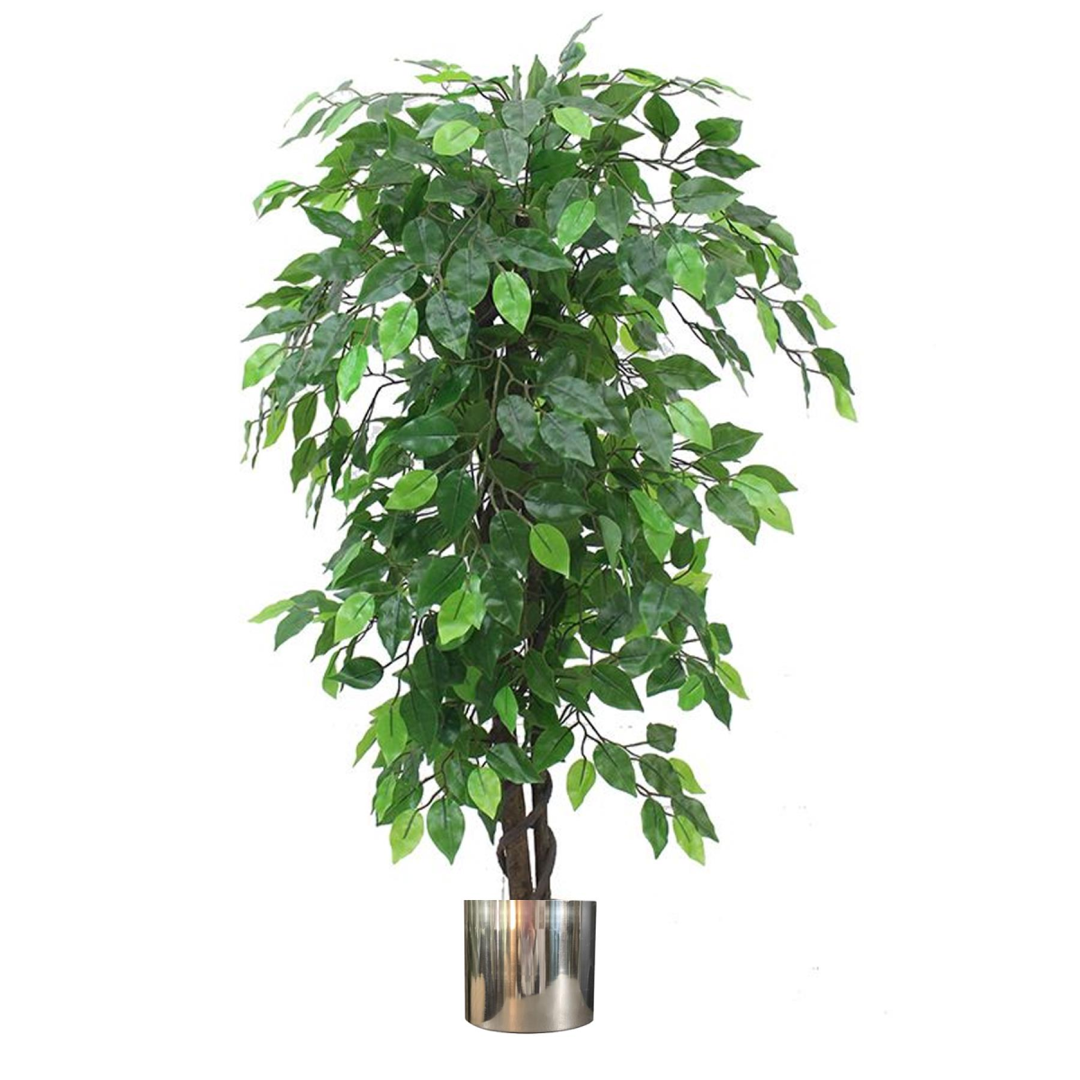 Leaf 120cm Artificial Ficus Tree with Natural Trunk, Wired Stems and Silver Metal Planter