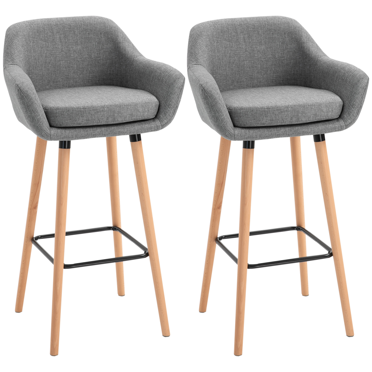 2-Piece Upholstered Linen Bar Stools with Solid Wood Legs, Grey