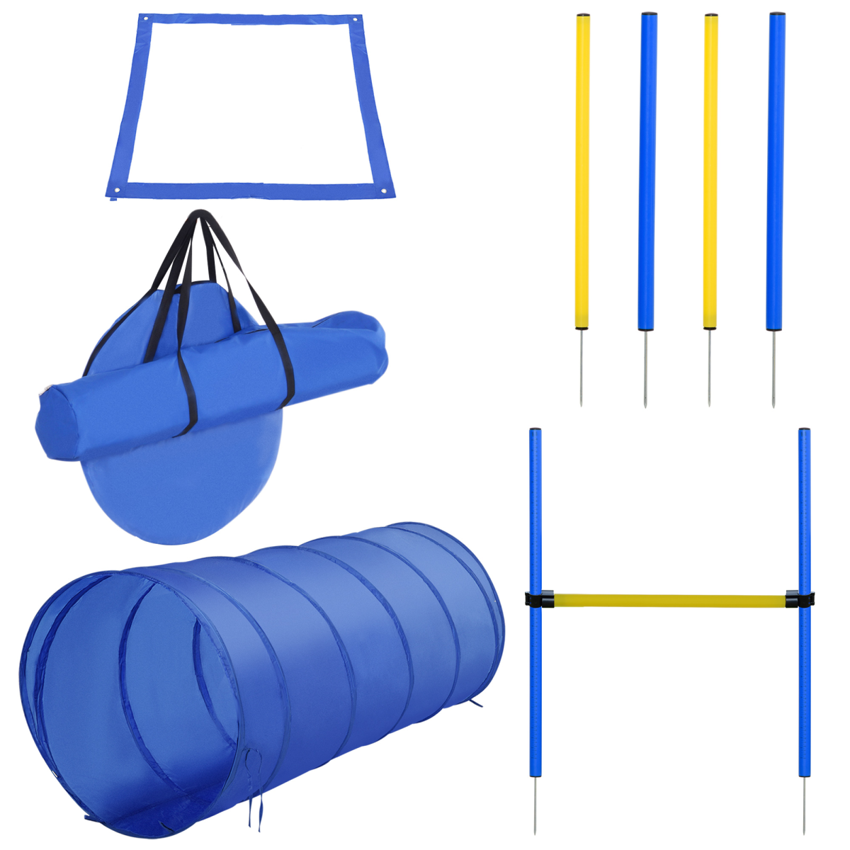 Pawhut Dog Agility Training Equipment with Poles, Hurdle, Tunnel, Adjustable Jump Height, Ground Spikes and Portable Bag