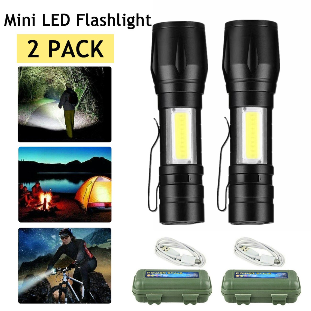 2 Pack USB Rechargeable LED Mini Flashlights with Zoom, Clip, Aluminum Alloy, 3 Modes for Camping and Work
