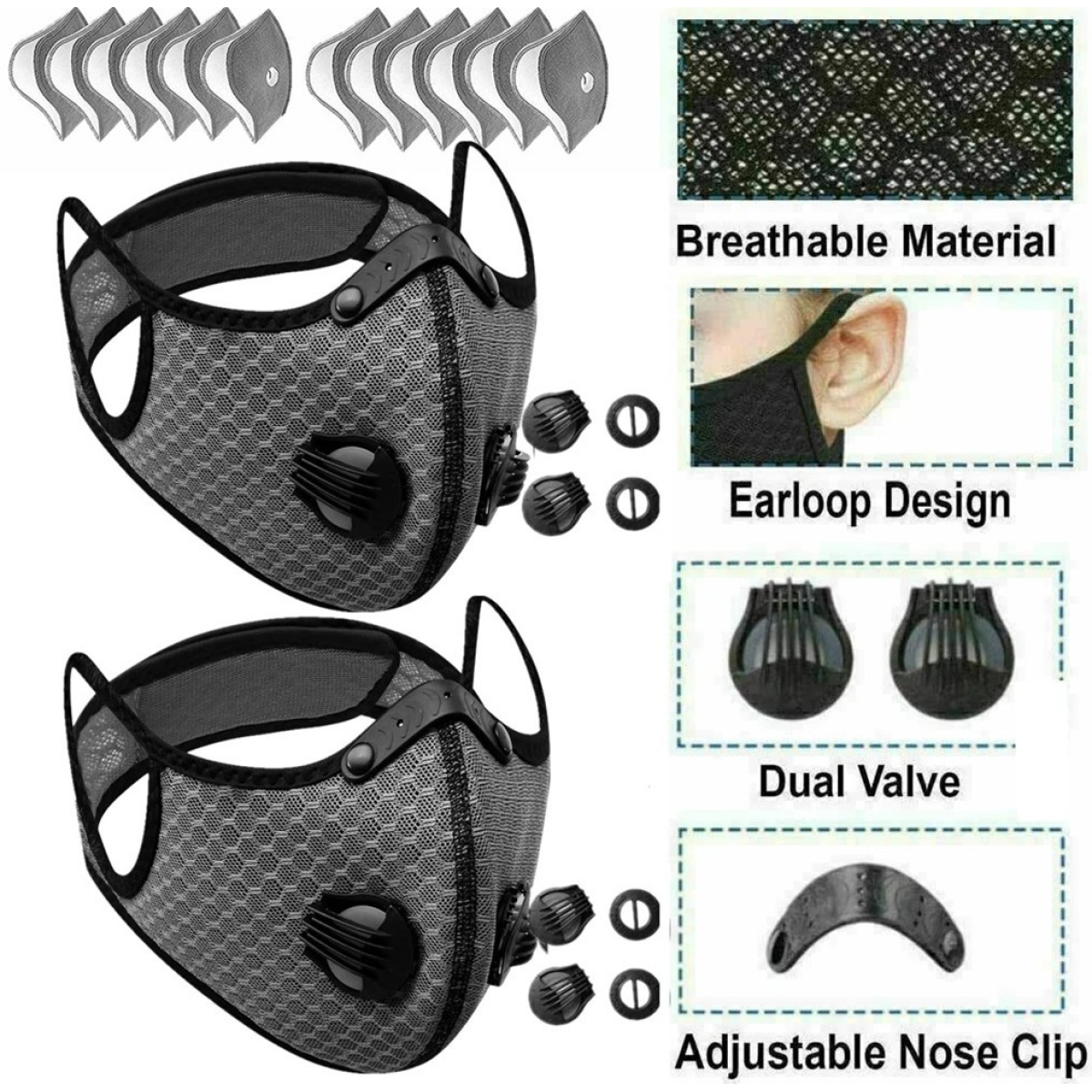 2 Pack Reusable Half Face Mask with Filter, Cycling Outdoor Sport Mask, Grey