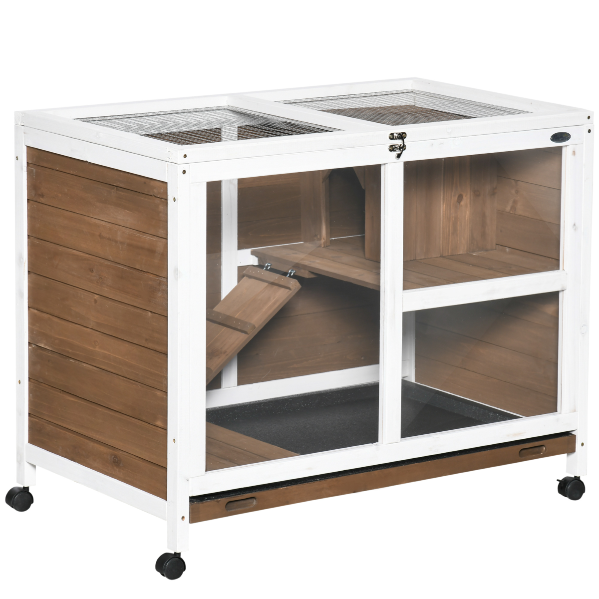 PawHut Indoor Two-Floor Fir Wood Rabbit Hutch with Pull-Out Tray, Ramp and Wheels, Brown