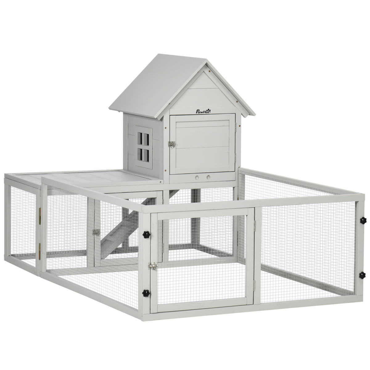 PawHut Rabbit Hutch and Guinea Pig Cage with Slide-Out Tray, Fenced Run, 3 Doors, Indoor Wooden Hutch