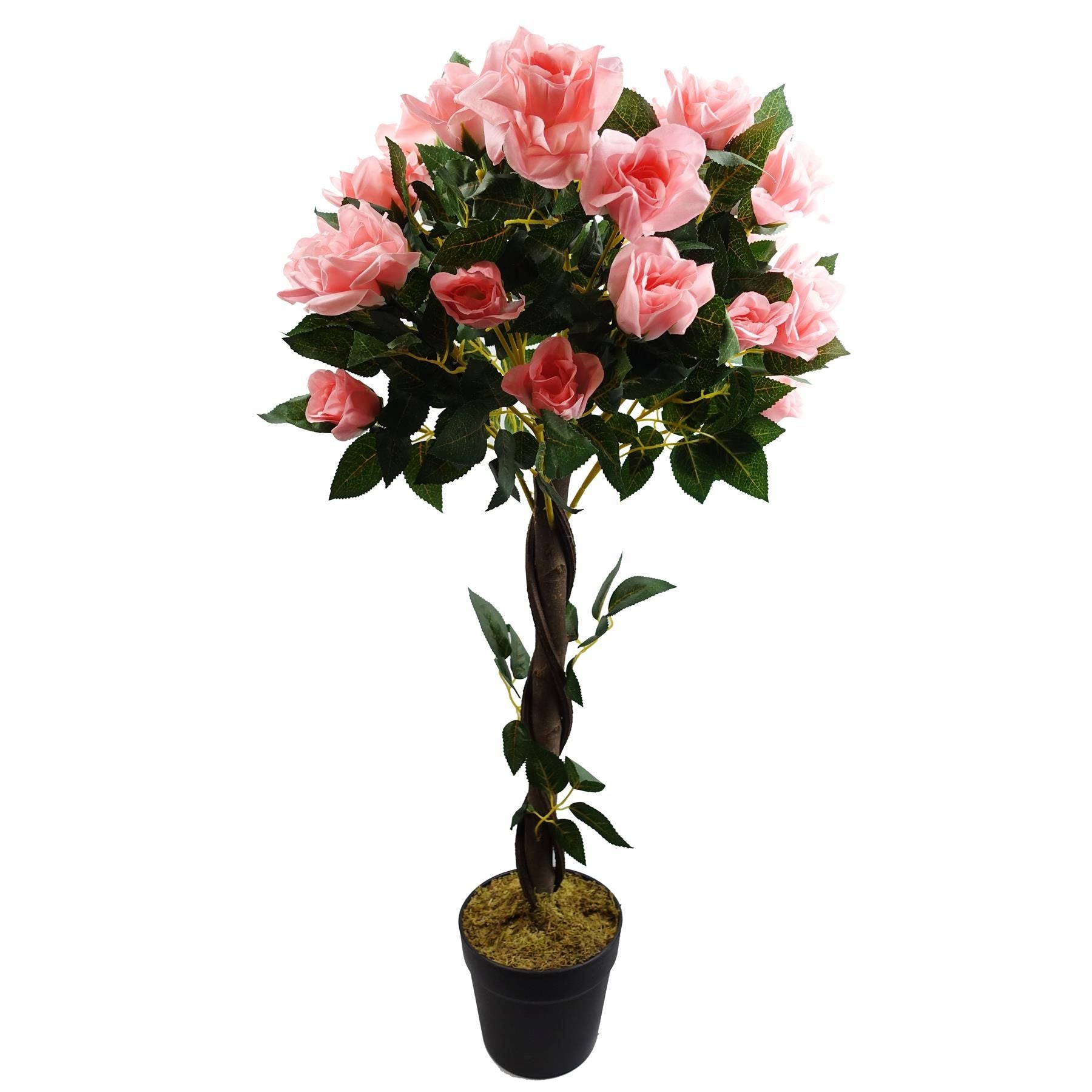 Leaf Artificial Pink Rose Tree 90cm with Twisted Trunk Detail, Weighted Pot, Wedding Decor