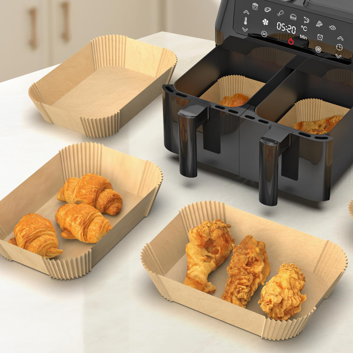Vinsani 100 Pack Air Fryer Paper Liners, Non-Stick, Greaseproof, 21.8 x 14 cm, Wood Pulp with Silicone Coating