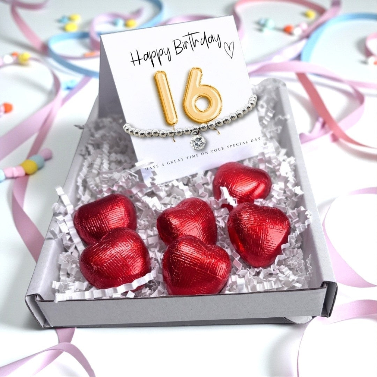 16th Birthday Cubic Zirconia Bracelet Mini Hamper with Gold Balloons Card and Milk Chocolate Hearts