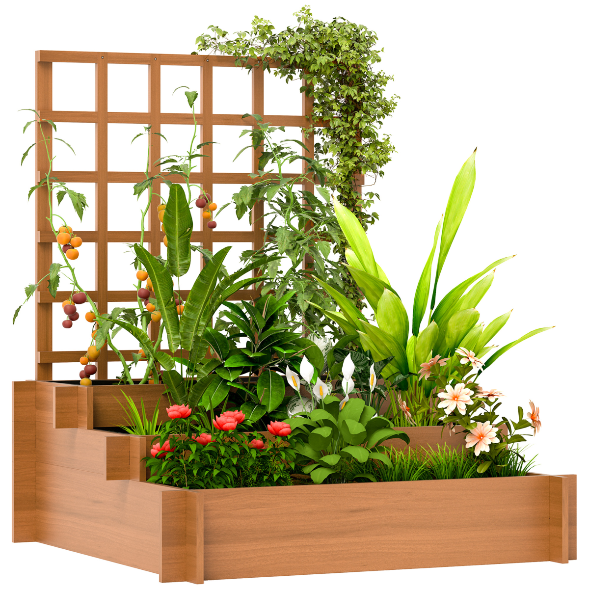 Outsunny Fir Wood Climbing Plant Trellis with 3 Planters, Brown