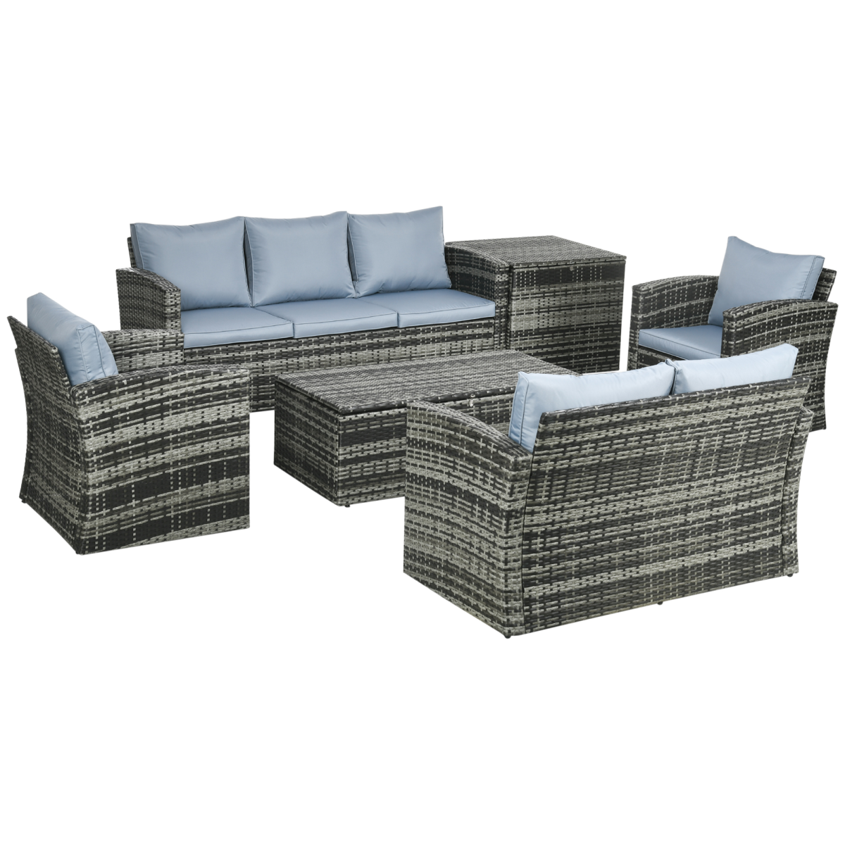 Outsunny 6-Piece Patio Rattan Sofa Set with 2 Armchairs, 2-Seater Sofa, 3-Seater Sofa, Side Table and Tea Table, Grey