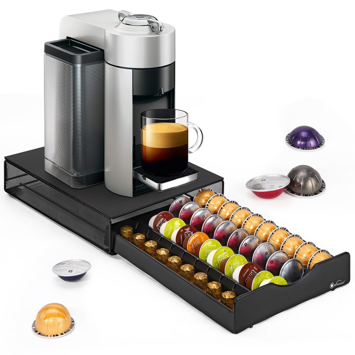 Vinsani 40 Coffee Pod Storage Drawer for Vertuoline, Dolce Gusto, K-Cup and Nespresso Pods