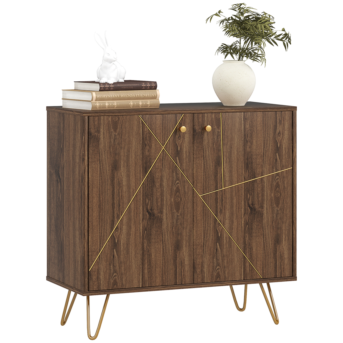 HOMCOM Brown Sideboard Storage Cabinet with Gold Steel Lines