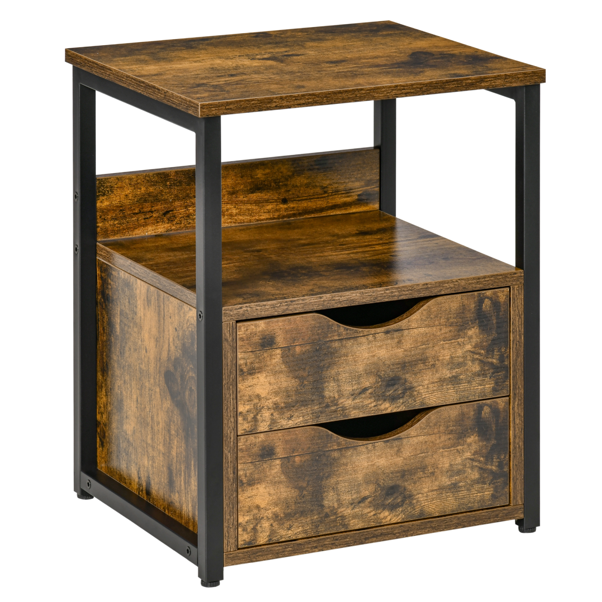 HOMCOM Rustic Brown End Table with 2 Drawers, Shelf and Metal Frame