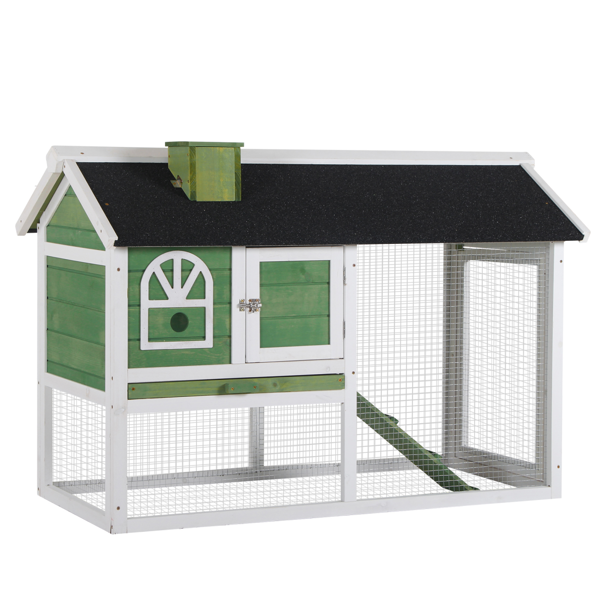 PawHut Wooden Rabbit Hutch Bunny Cage with Pull-Out Tray, Run and Ramp, Green