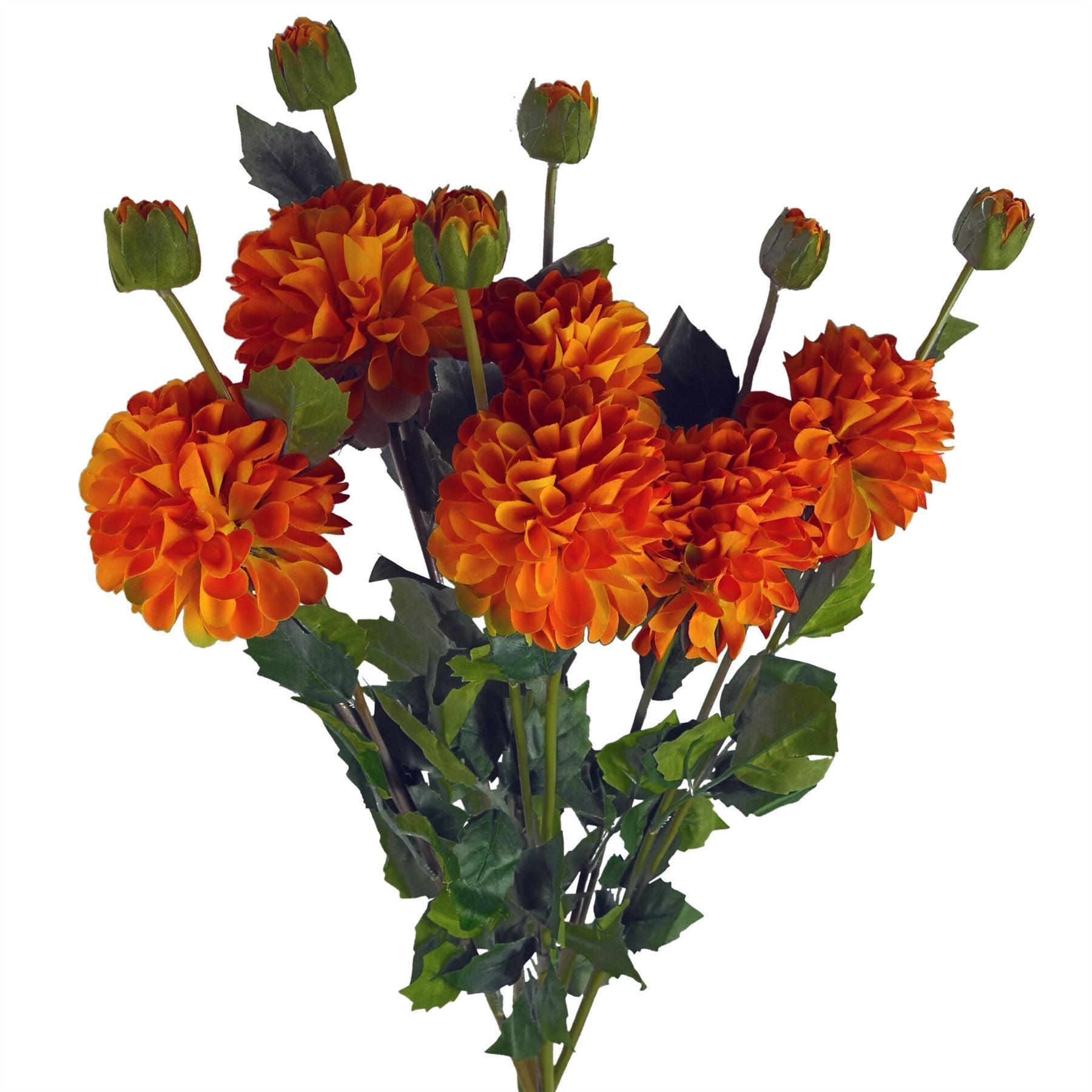 Leaf Pack of 6 x 75cm Artificial Orange Dahlia PomPom Flower Stems