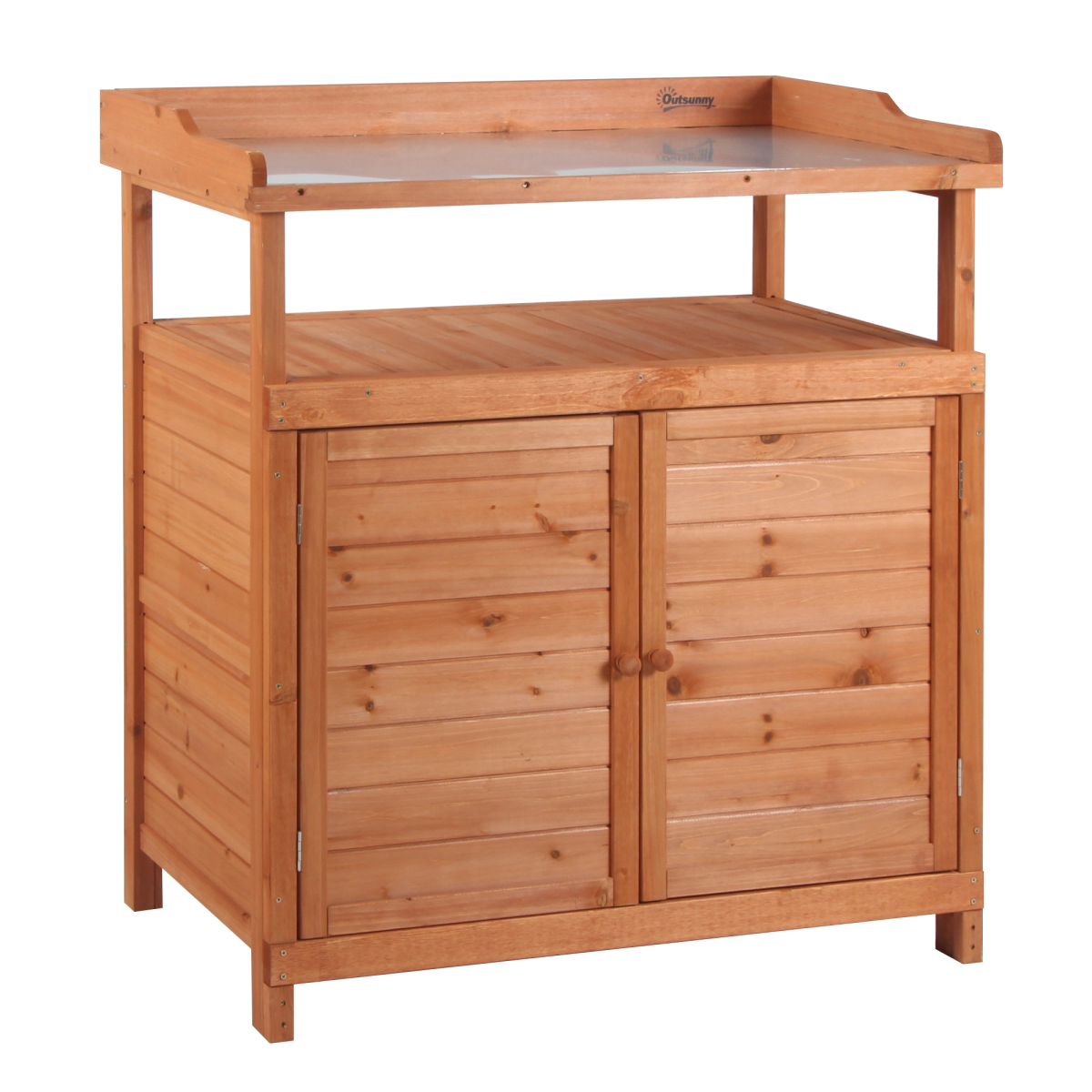Outsunny 2-in-1 Potting Bench Table with Storage Cabinet and Galvanized Steel Tabletop