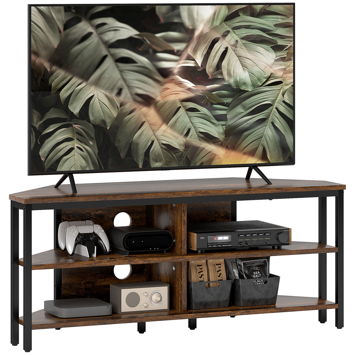 HOMCOM Corner TV Stand for TVs up to 50", 4 Shelves, Rustic Brown