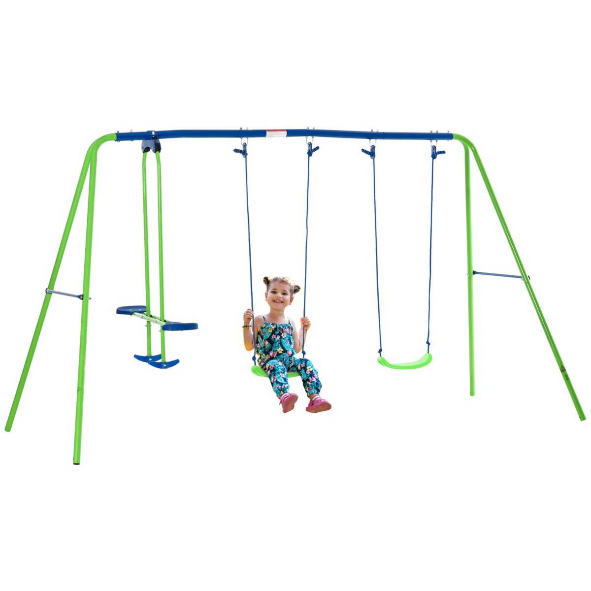 Metal Double Swing Set with Seat Glider Outdoor Garden Play Set, Green, Outsunny