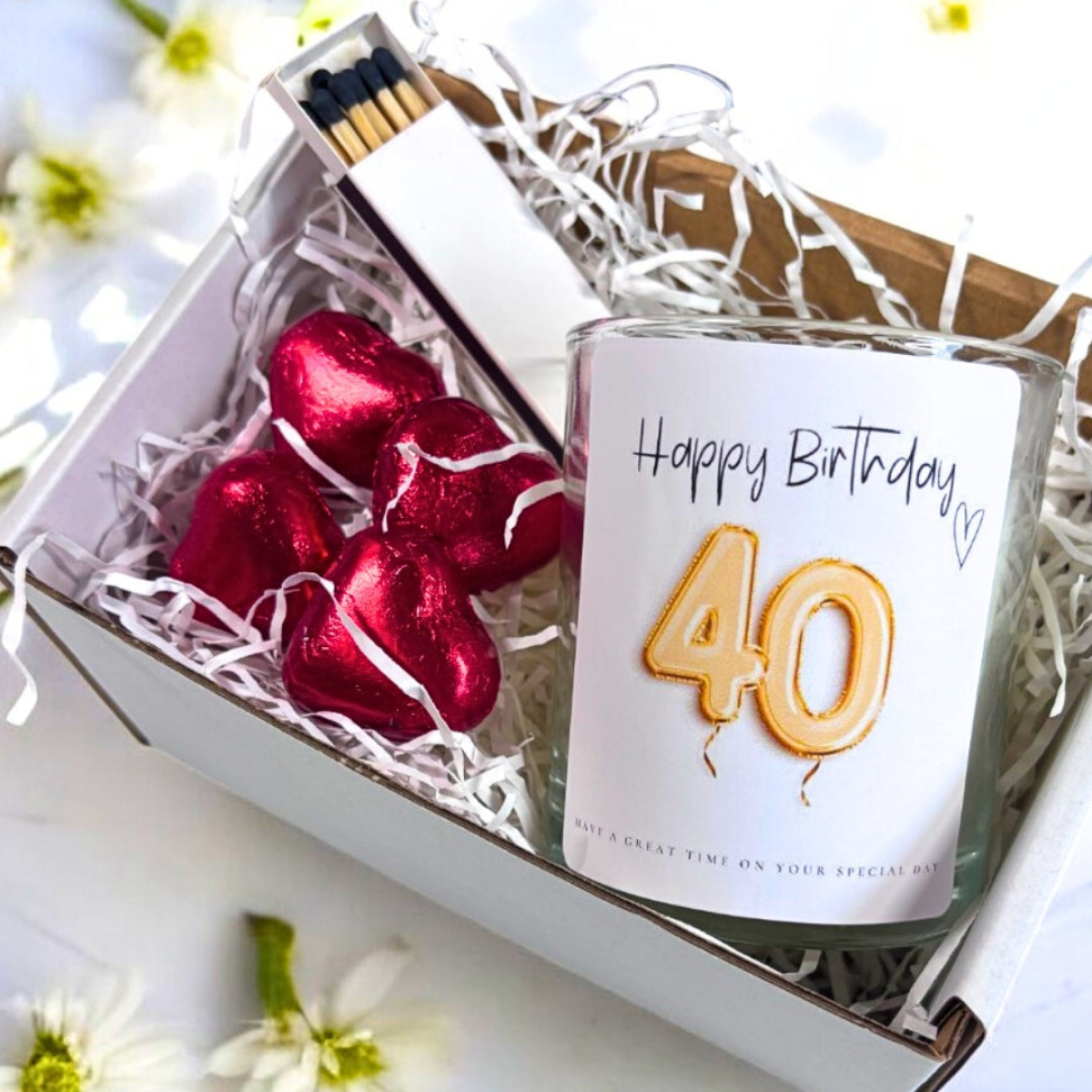 40th Birthday Gold Balloon Candle Gift Set with Chocolates & Matches
