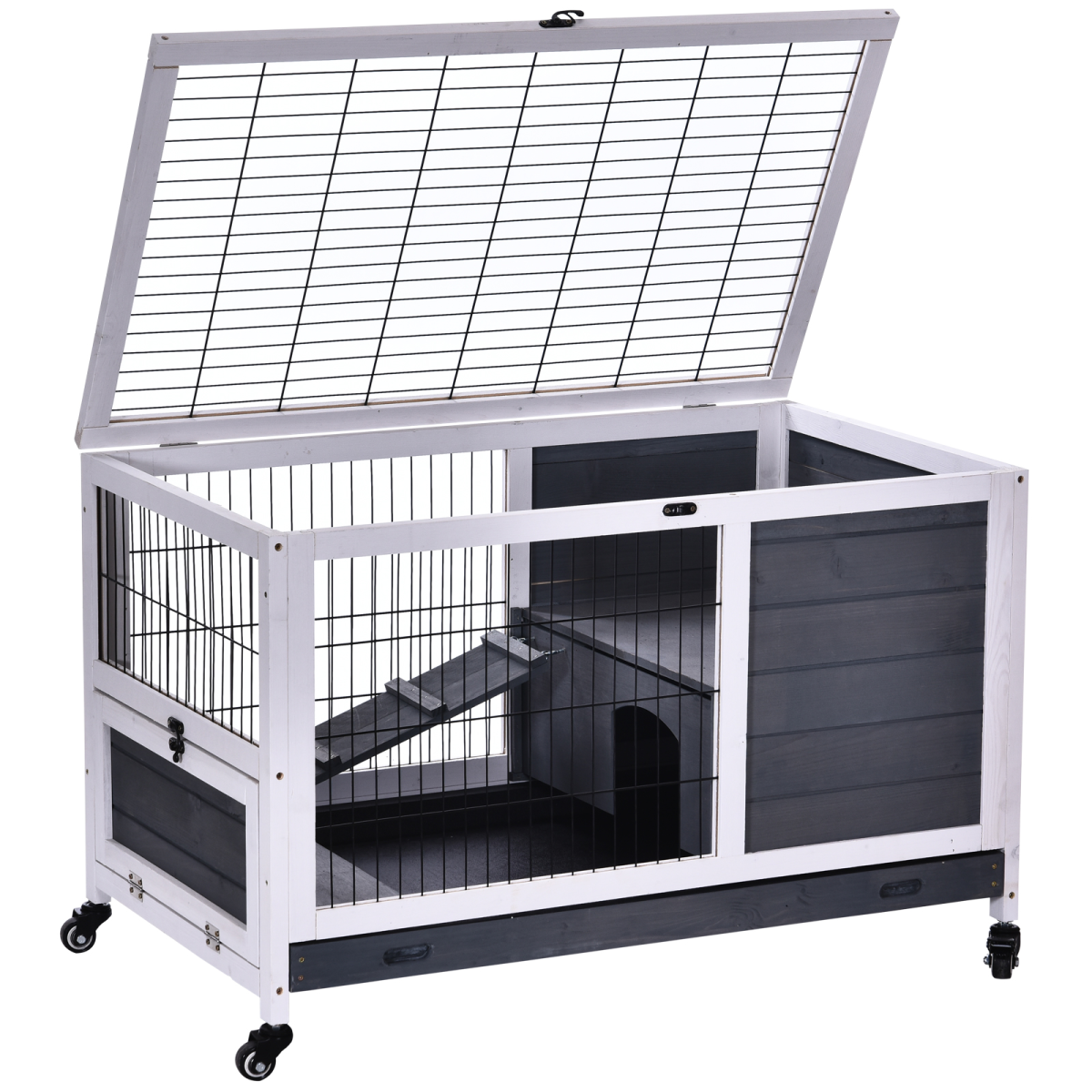 Wood Indoor Rabbit Hutch, 2-Floor Elevated Cage with Wheels